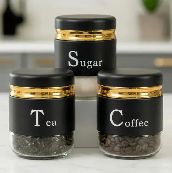 3 Pcs Premium Glass Storage Jar Set with Black & Gold Lid – Tea, Coffee & Sugar Containers