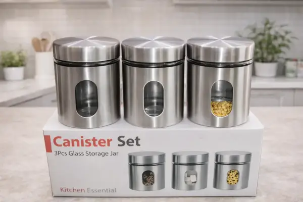 3 Pcs Stainless Steel & Glass Window Canister Set – Airtight Kitchen Storage Jars
