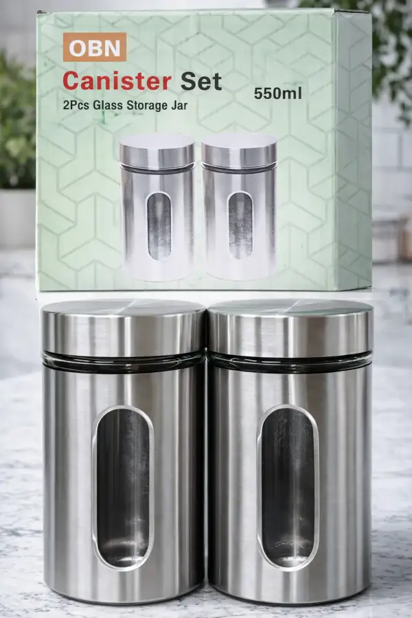 550ml Stainless Steel Kitchen Storage Jar Set (2 Pcs) with Viewing Window & Airtight Lid