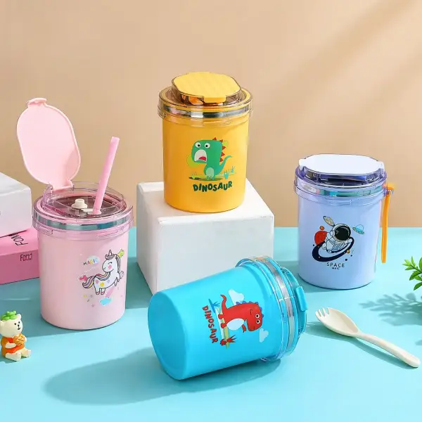 550ml Stainless Steel Cartoon Lunch Cup Set with Lid, Straw & Spoon – Leakproof Kids Food Jar