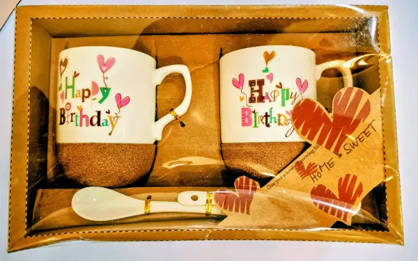 Birthday Ceramic Mug Gift Set with Cork Bottoms and Spoons