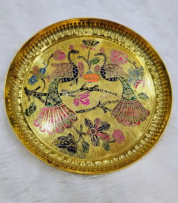 Brass Pooja Thaali/ Plate Peacock Design Hand painted 8 inch