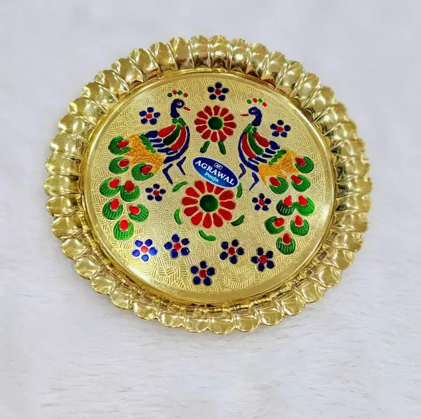 Brass Puja Peacock printed plate/ thali set 7inch