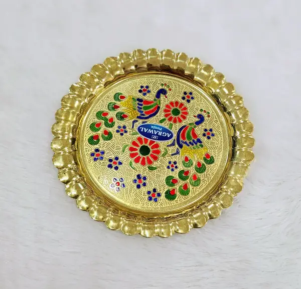 Brass Puja Peacock printed plate/ thali set 6inch