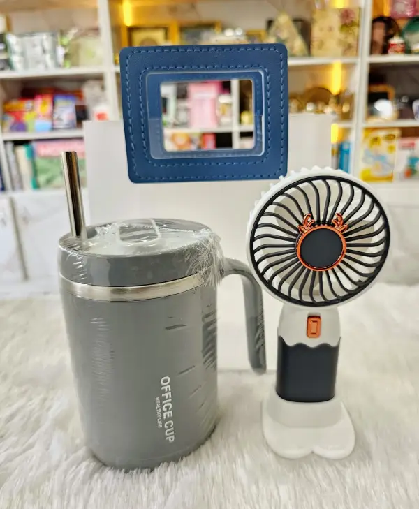 Cool & Comfort Desk Duo – Insulated Mug + Mini Fan