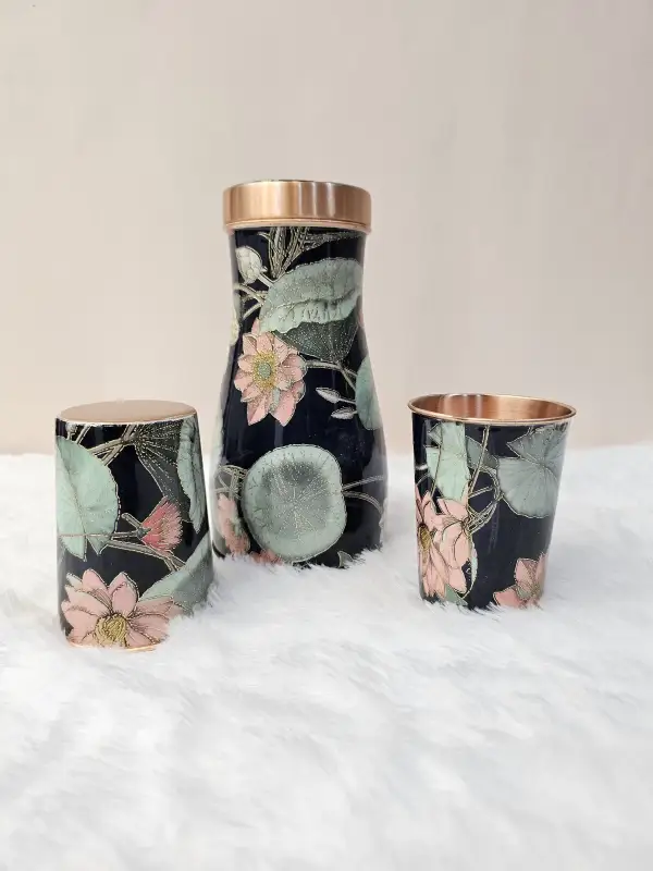 Copper Bed Bottle Set with 2 Glasses Meenakari Print