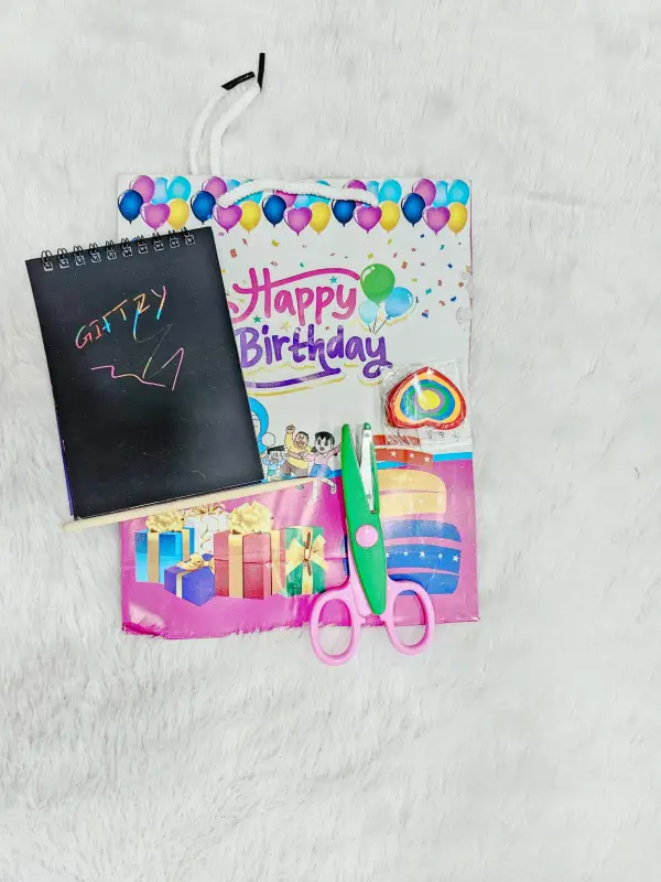 🎨✂️ Creative Kids Gift Set – Cut Packing Bag, Scratch Book, Craft Scissors & Vibrant Eraser