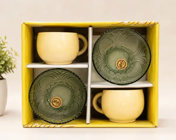 Cup Cafe Ceramic Cup & Glass Bowl Gift Set (4 Pieces)