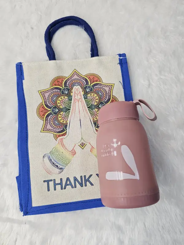 Cute Rabbit Design glass bottle with Thank You Jute Bag