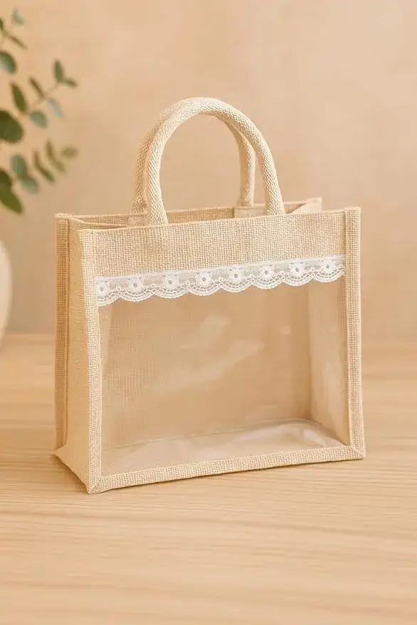 Decorative Jute Gift Bag with Lace Trim and Clear Window Panel, Natural Beige