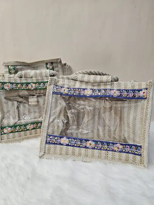 Decorative Jute Gift Bag with Lace Trim and Clear Stripped Window Panel