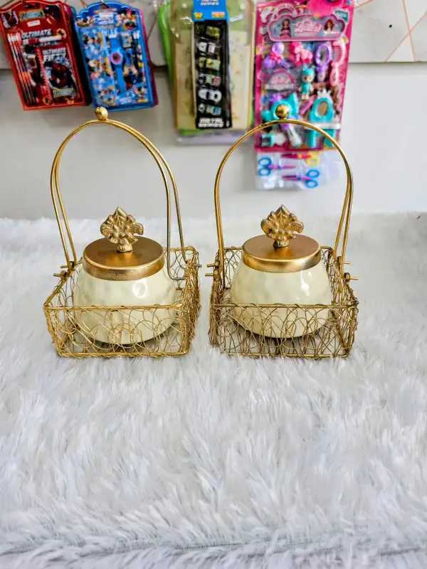 Decorative Metal Wire Basket with metal Jar, Gold and White