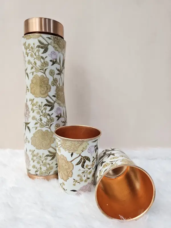 Flower Print Pure Copper Water Bottle with 2 Glass