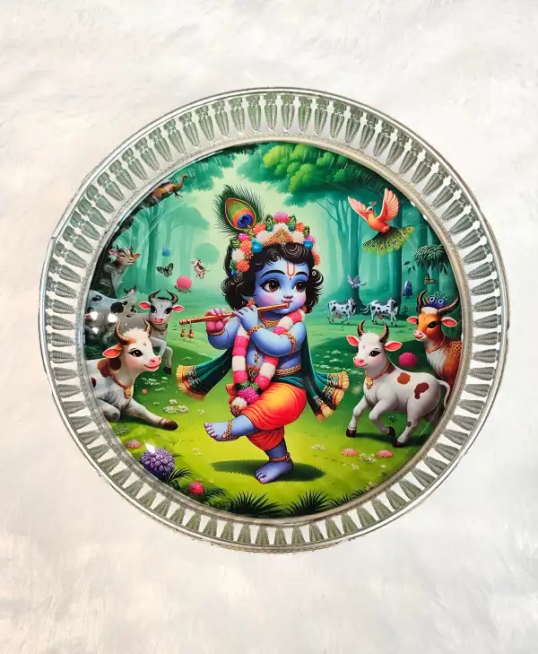 German Silver Tray with Lord Krishna prints