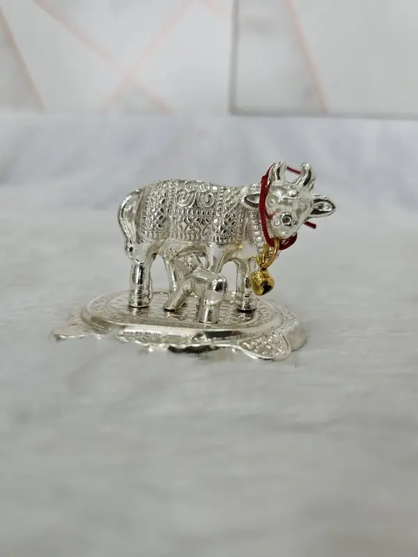 German Silver Kamdhenu Cow with Calf Metal Statu