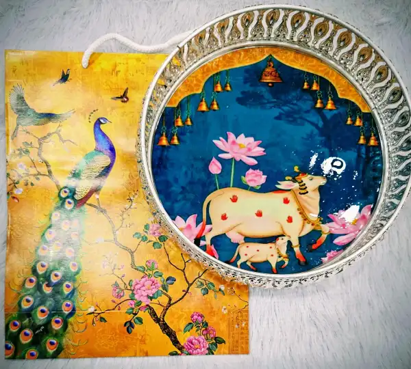 German Silver Pichwai Tray with Gift Bag