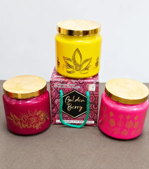 Golden Berry Decorative Glass Jar with Gold Lid – Elegant Storage Jar for Home Décor