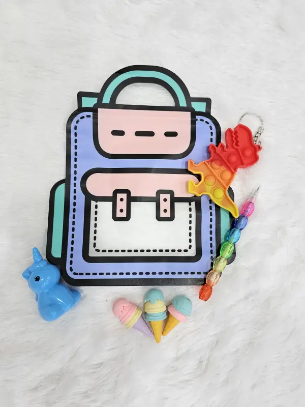 🎒🦄 Kids’ Gift Combo – School Bag Pouch, Pop-It Keychain, Unicorn Sharpener, Beaded Pencil 
