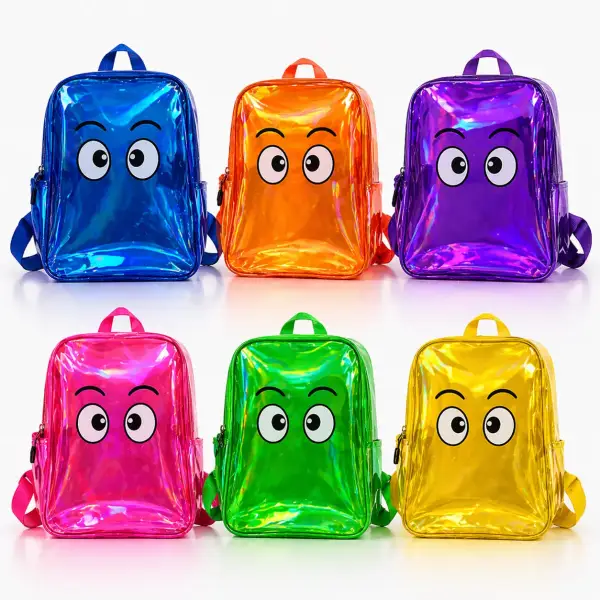 Kids Holographic Transparent Backpack with Cartoon Eyes – Colorful PVC School Bag for Boys & Girls