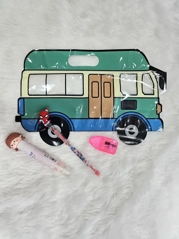 🚌🚢 Kids’ Stationery Combo – Bus Pouch, Push Eraser, Ship Sharpener & Anime Pencil ✨