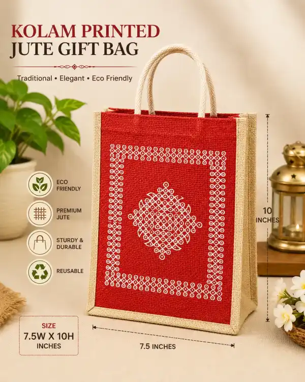 Kolam Printed Jute Gift Bag – 7.5W × 10H Inches