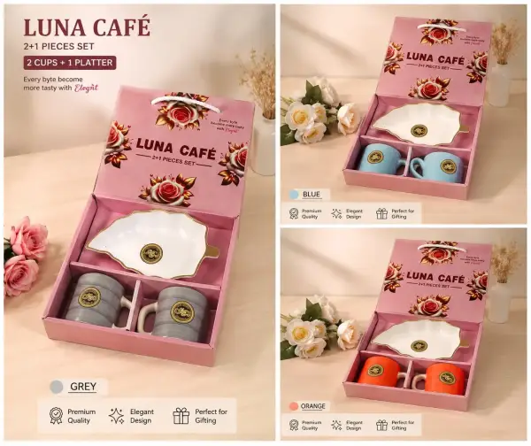 Luna Café Ceramic Cup & Platter Set – 2 Cups + 1 Serving Platter