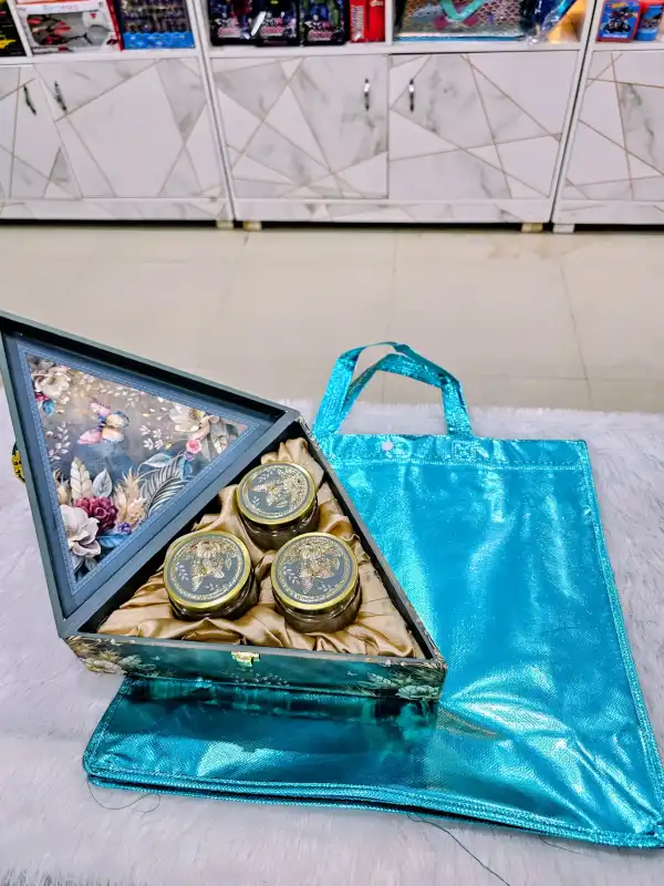 Luxury Wooden Dry Fruit Jar(3 jars) Box with Meenakari Design with Colorful Bag