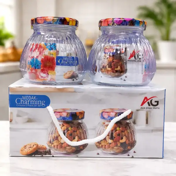 Modak Charming Glass Storage Jar Set (2 Pieces) with Printed Lid