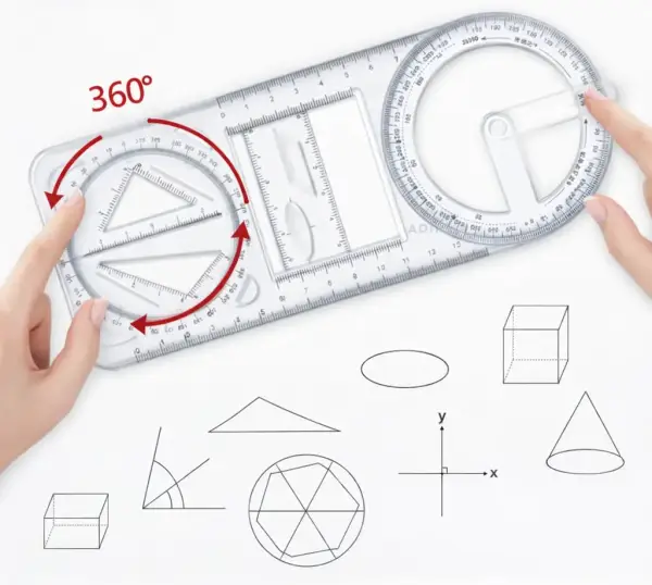 Multifunctional Geometry Set – 6-in-1 Transparent Drawing Tool Kit with 360° Protractor, Ruler, C