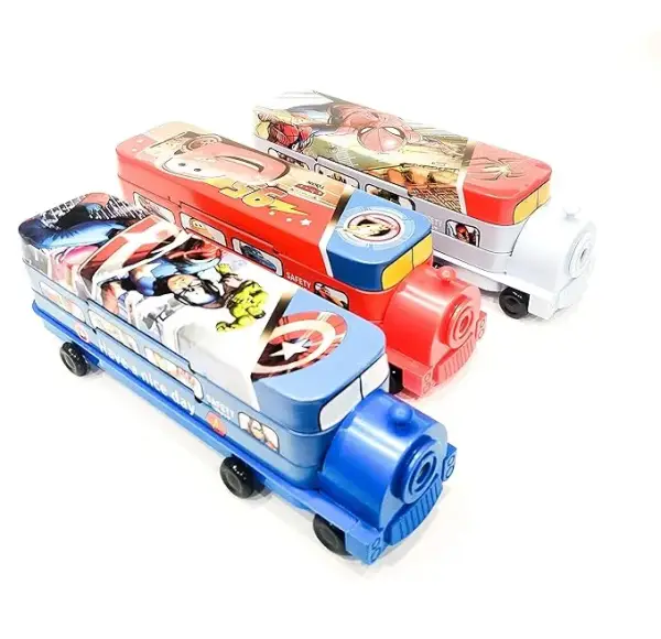 Old Rail Engine Printed Metal Pencil Box with Wheels