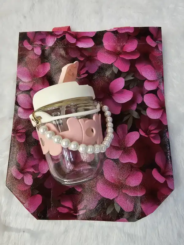 Pearl Handle & Bunny Lid Glass Sipper with Gift Bag