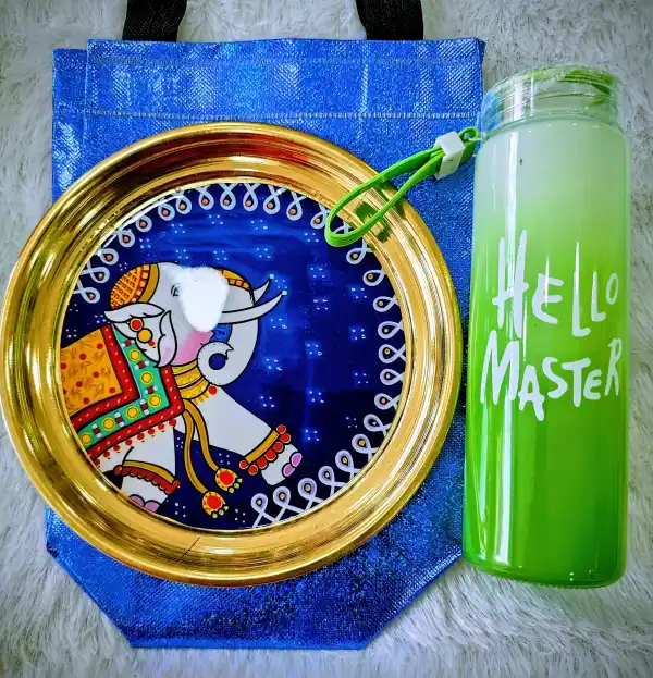 Pichwai Art Brass Plate & Bottle Gift Set