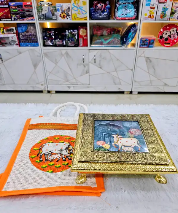 Pichwai Art Printed 8 inch Stool for Pooja & Jute Bag