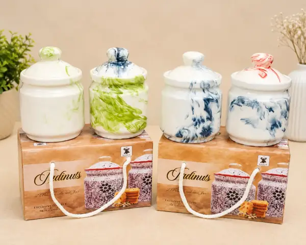 Premium Ceramic Storage Jar Set – 2 Pieces with Lids (Marble Finish 250ml)