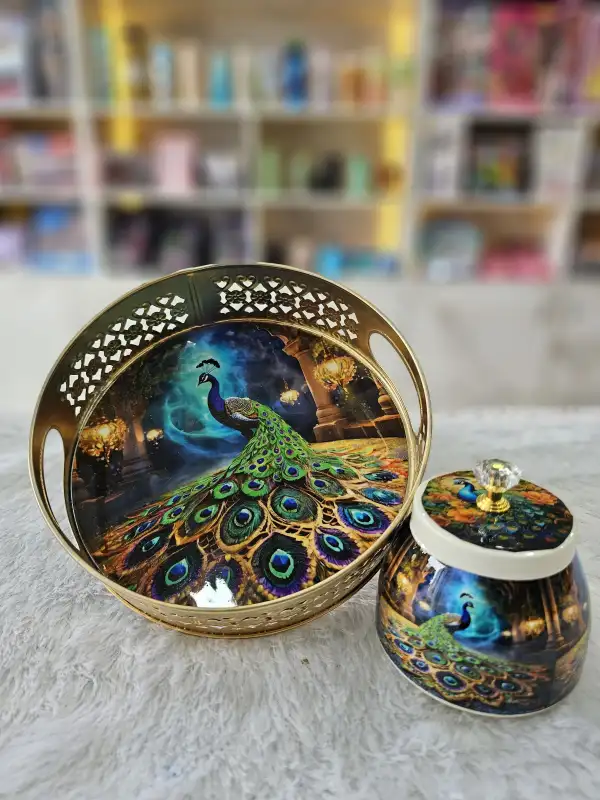 Premium Design Metal Pichwai 8 inch Tray with 4inch Jars