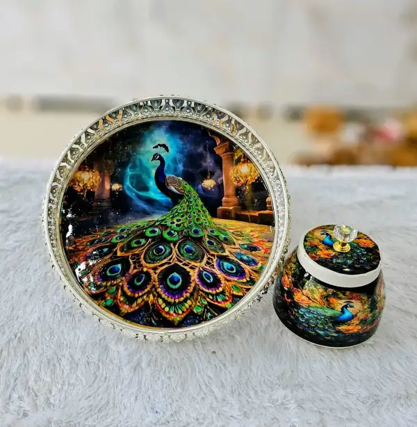 Premium Design Germal Silver Pichwai 8 inch Tray & jar combo