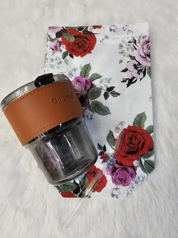 Premium Glass Cup with Leather Sleeve, Straw & Gift Bag