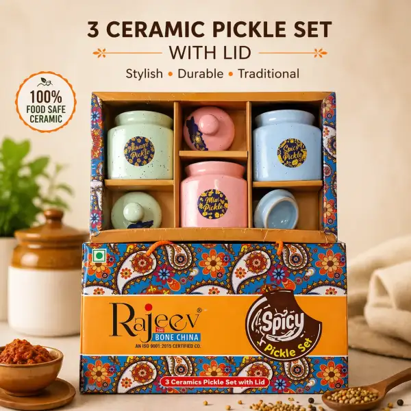 Rajeev Bone China 3-Piece Ceramic Pickle Jar Set with Lid | Stylish Kitchen Storage Containers (Mult