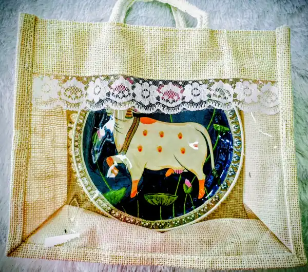 Royal Pichwai Art German Silver Tray in Jute Bag