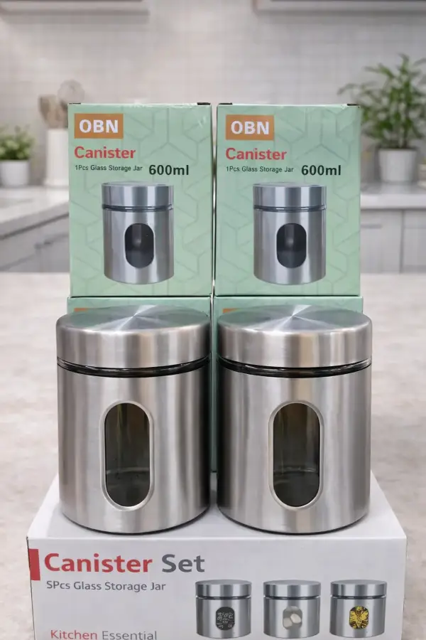 Stainless Steel & Glass Window Storage Jar – 600ml Airtight Kitchen Canister