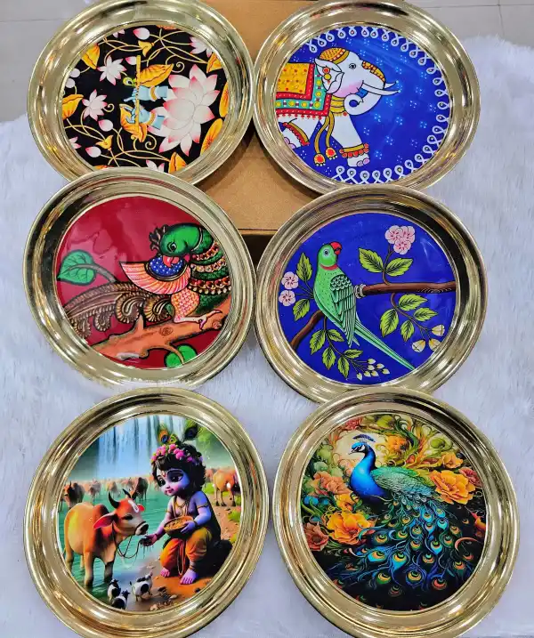 Stunning and traditional Brass plate adorned with Pichwai design 8 inch