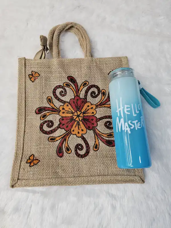 🌸 Stylish Jute Bag with Premium Glass Bottle Gift Set