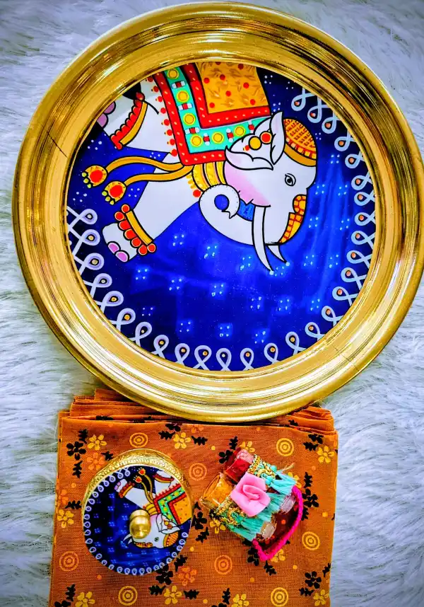 Traditional Pichwai Art Brass Plate & Kumkum Set